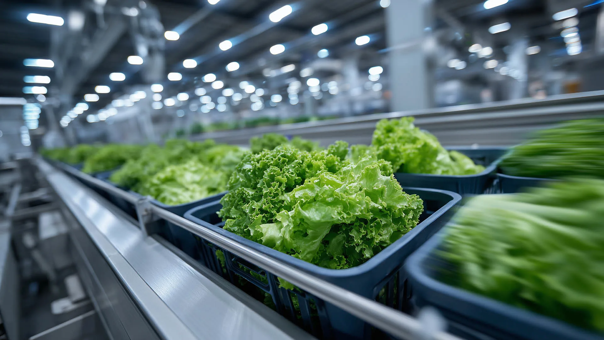 Verpackter Salat durchläuft eine Verarbeitungslinie – ein Beispiel für den Schwerpunkt der FSMA 204 auf der Rückverfolgbarkeit auf Chargenebene und der Transparenz der Lieferanten in der Lebensmittelversorgungskette.