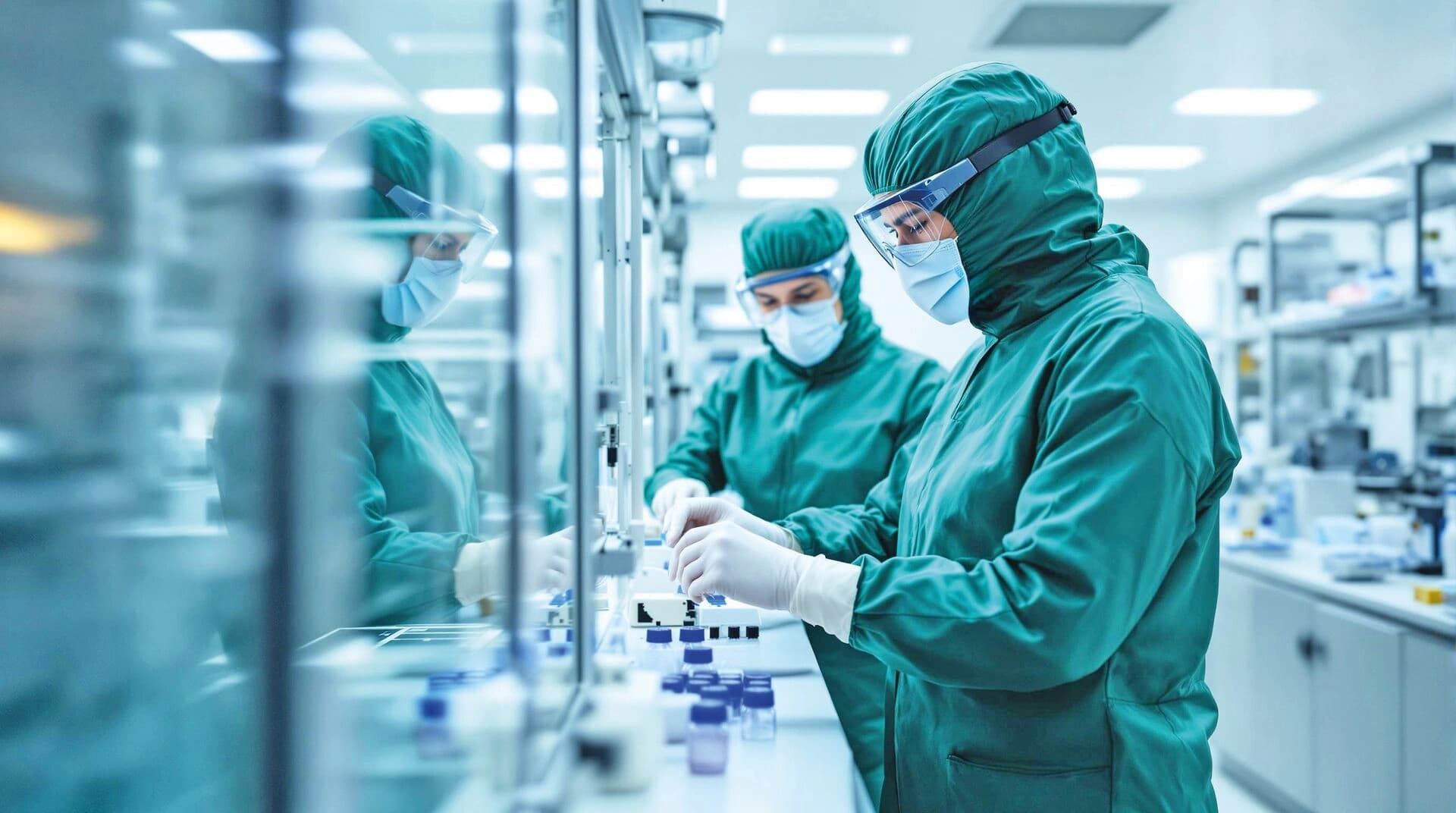 people in safety gear in a lab cleanroom