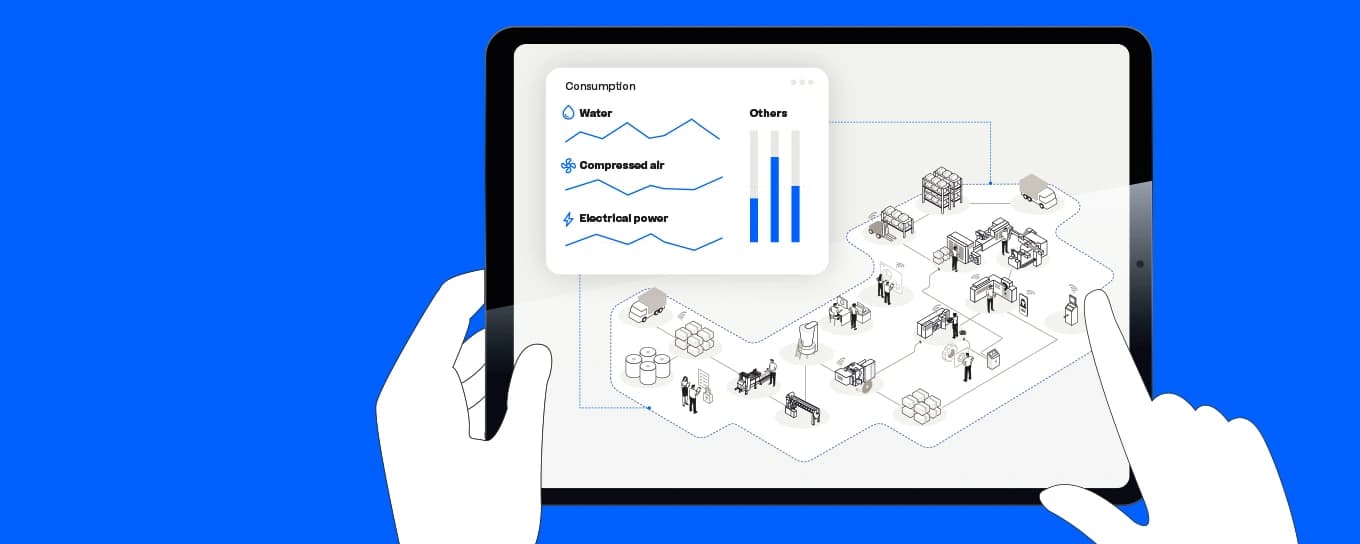 Illustration of a dashboard displaying a factory layout and analyzing energy consumption.