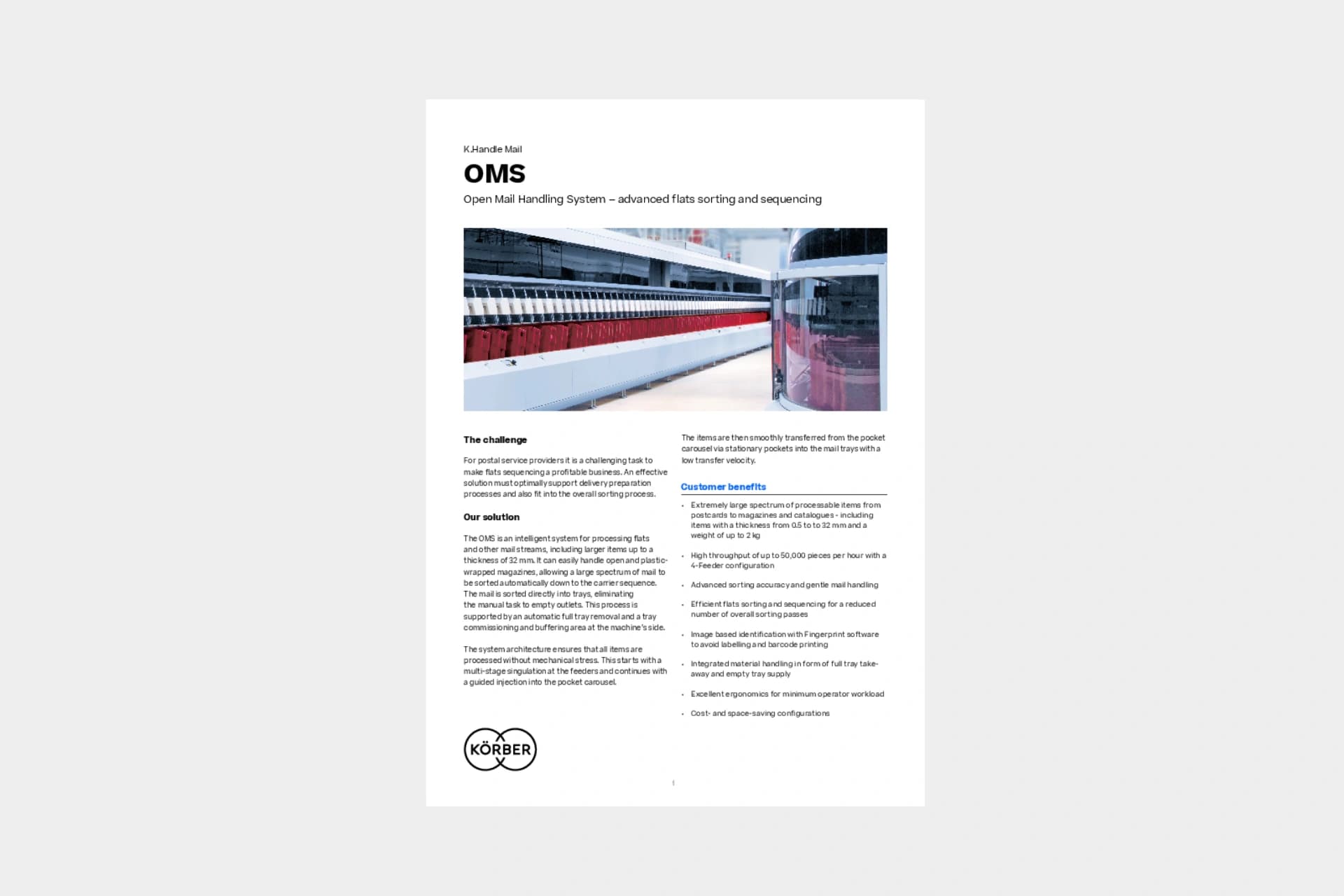 Cover of the datasheet "OMS" regarding mail sorting. 