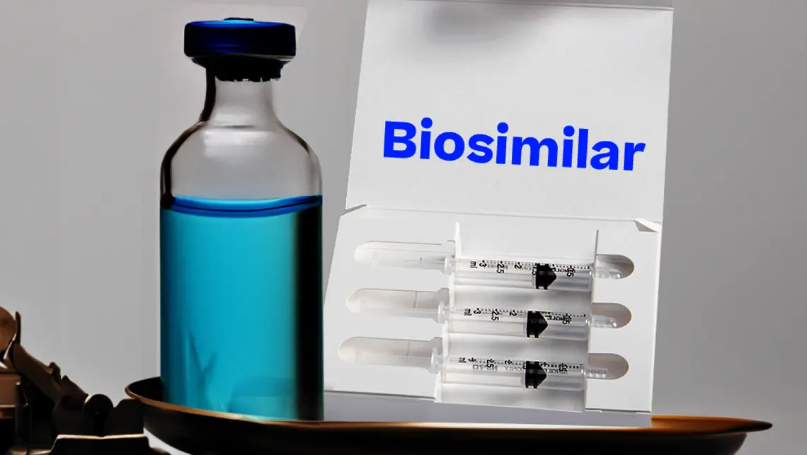 Picture of small medicine bottle next to a pack with medical syringes.