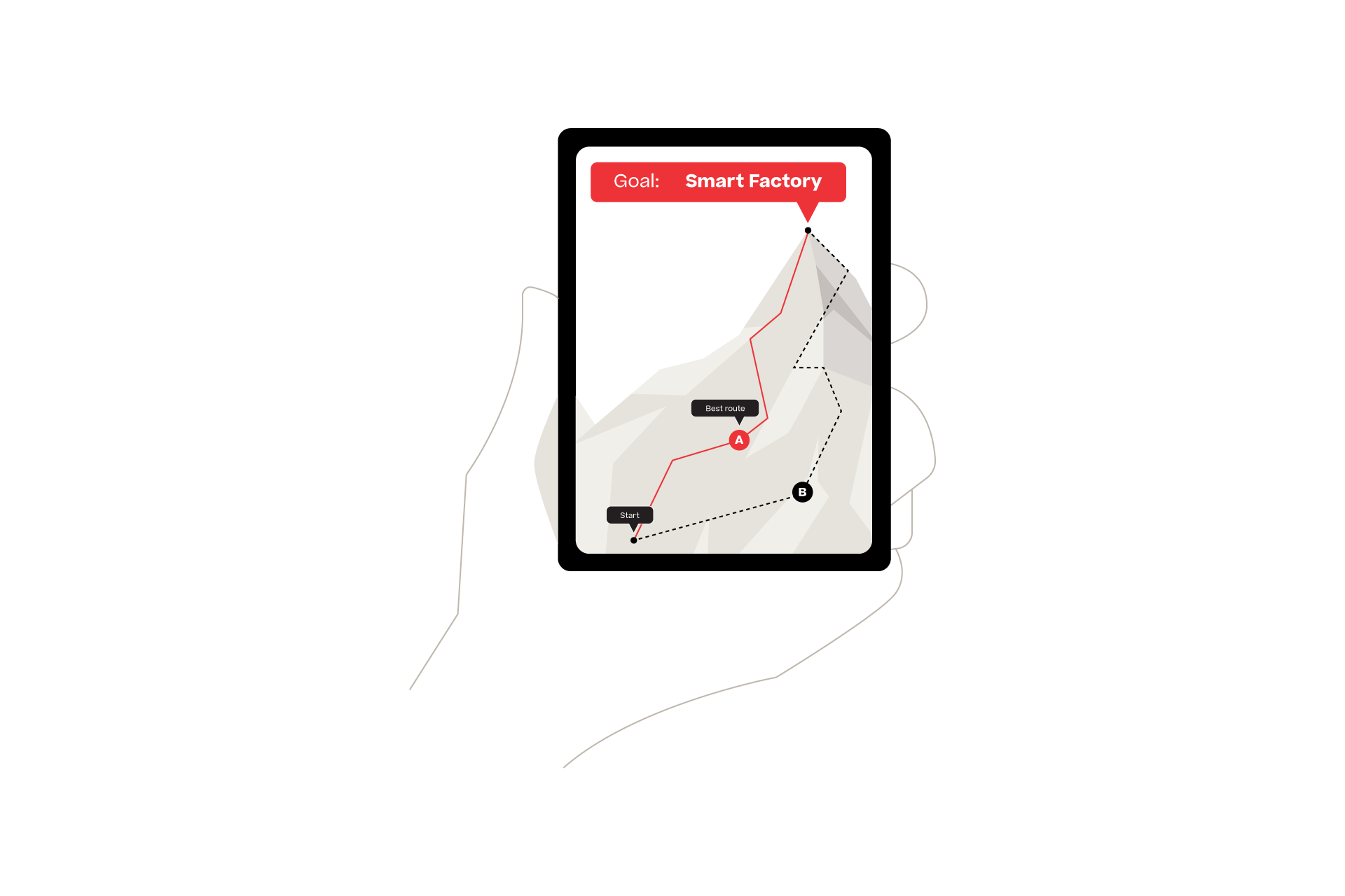 Illustration eines Telefons, das eine optimierte Route anzeigt.