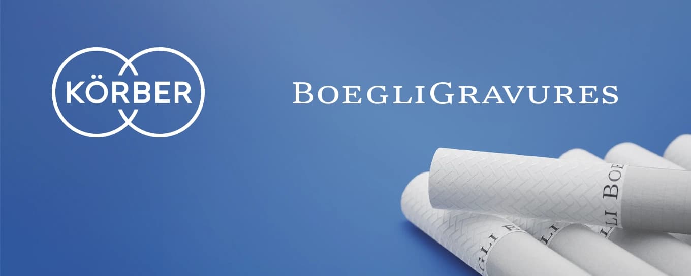 Banner with Körber's and Boegli logos in a blue background and white cigarettes on the corner of the image.