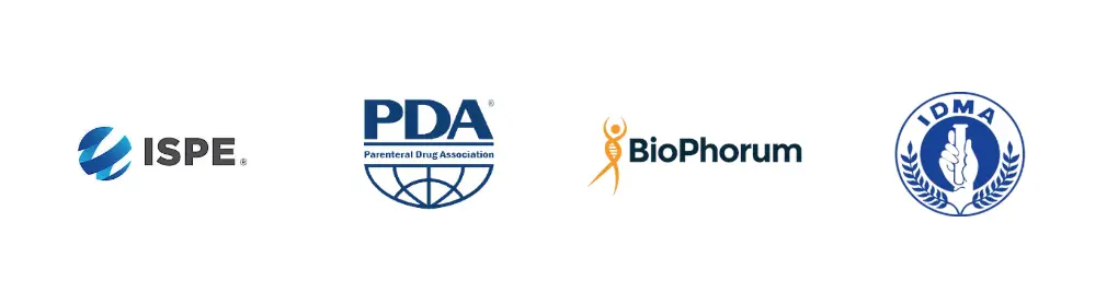 Logos of ISPE, PDA, Biophorum and IDMA.