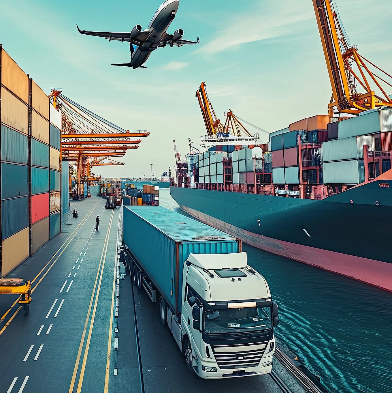 Digitales Bild, das einen Hafen mit Containern, einem Lastwagen und einem Flugzeug zeigt.