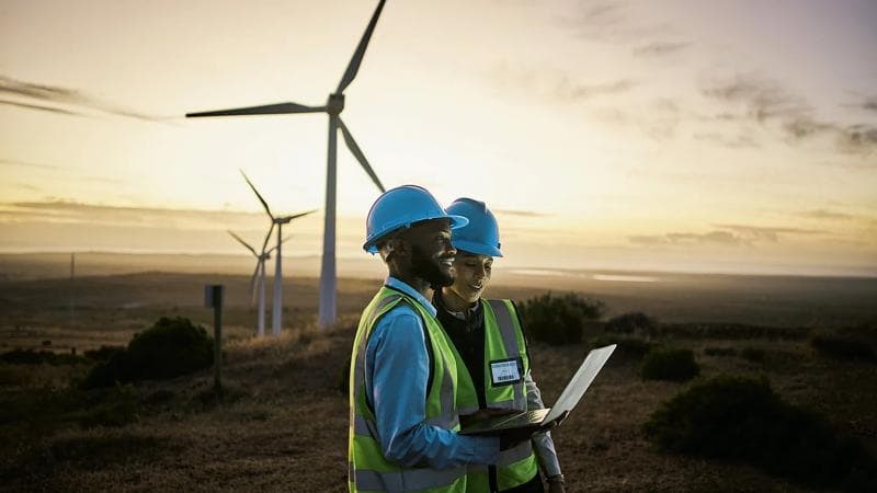 Zwei Umweltarbeiter auf einem Feld mit Windrädern