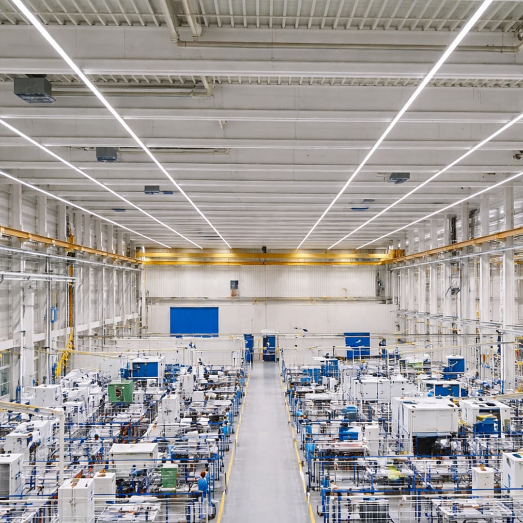 A Hauni production area filled with machines and people actively working on manufacturing tasks.