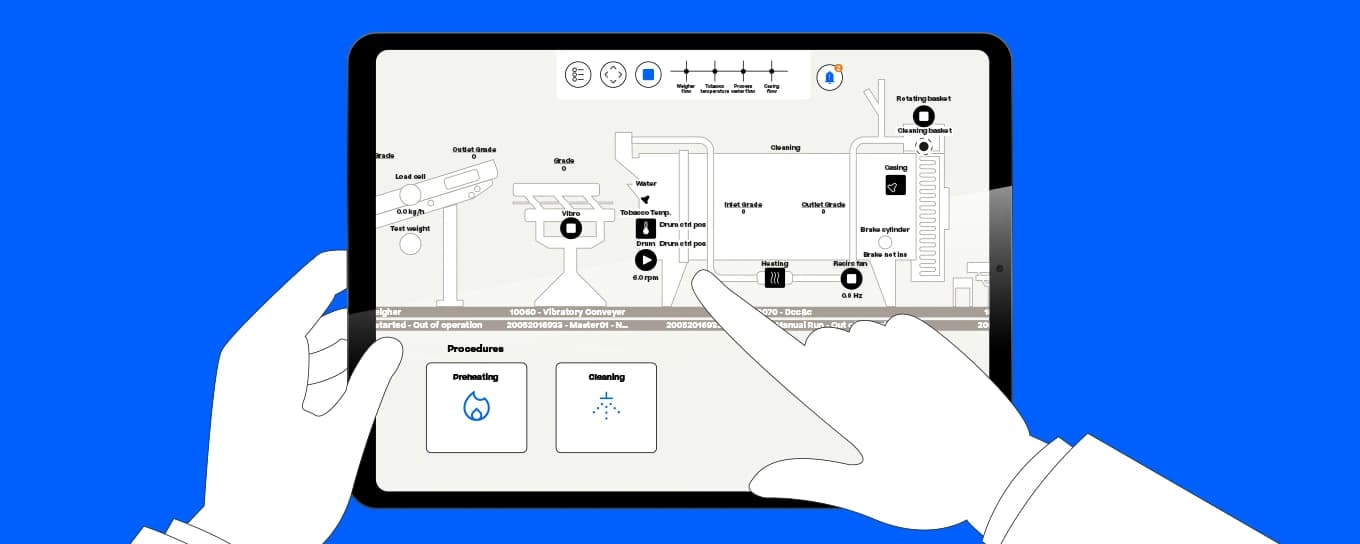 A hand holding a tablet displaying a detailed process diagram for visual reference.