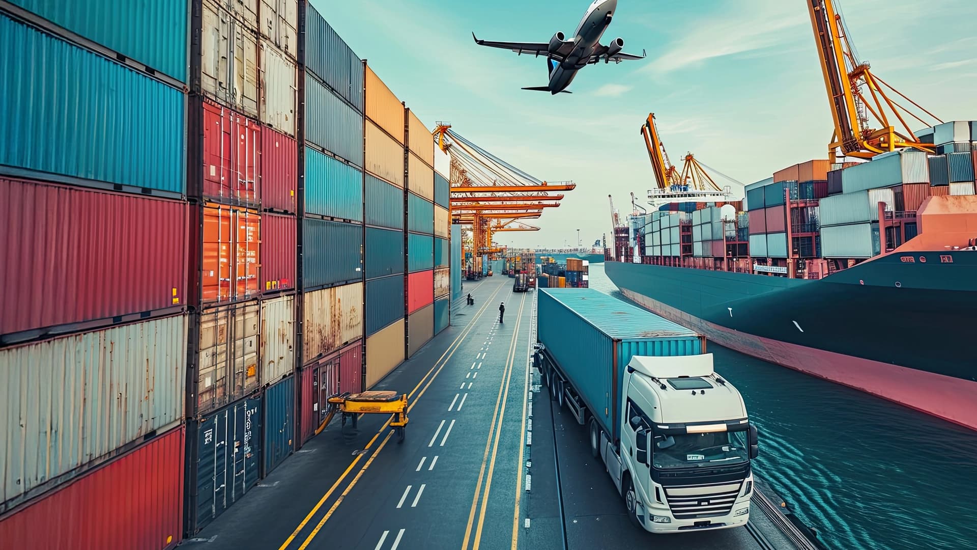 Es handelt sich um verschiedene Transportmittel, die im Handel eingesetzt werden, darunter Frachtschiffe und Flugzeuge.