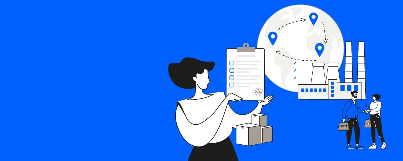 Eine Illustration einer Frau, die ein Klemmbrett hält und eine Karte studiert, was Verantwortung und Nachhaltigkeit in der Supply Chain symbolisiert.