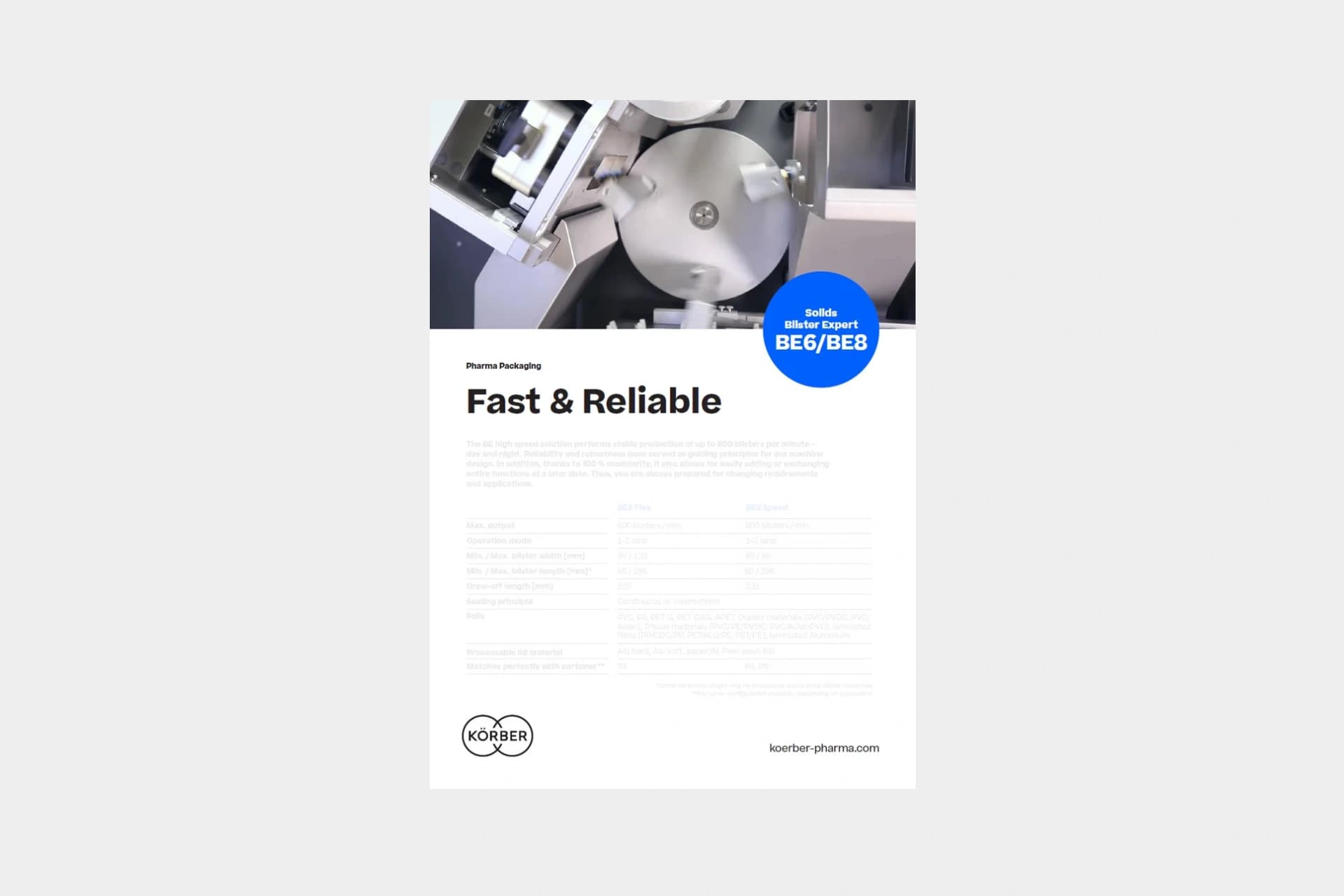 BE6/BE8 blister packaging machine datasheet cover