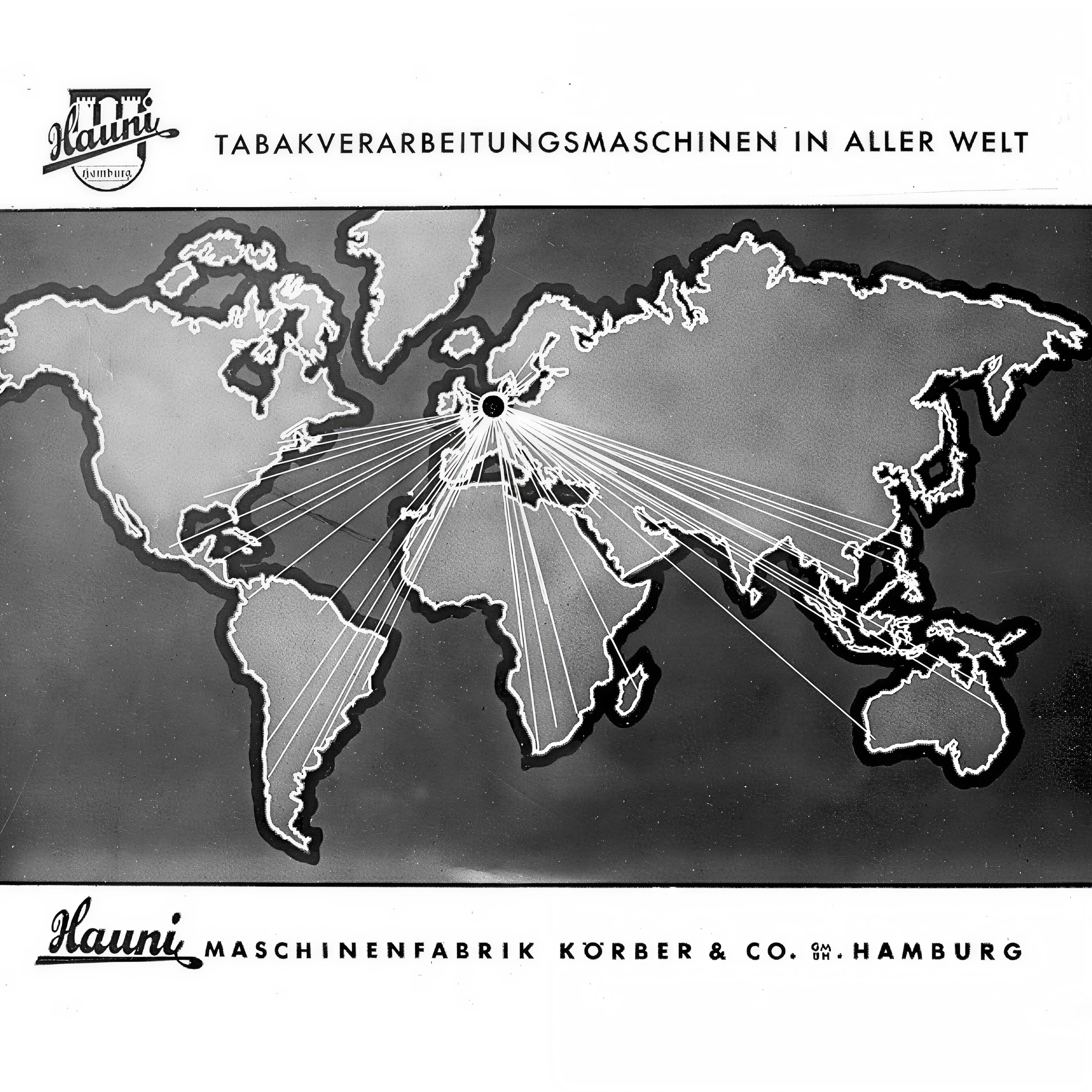 Schwarz-Weiß-Bild einer Karte mit Linien, die von Deutschland zu mehreren Ländern auf der ganzen Welt führen.