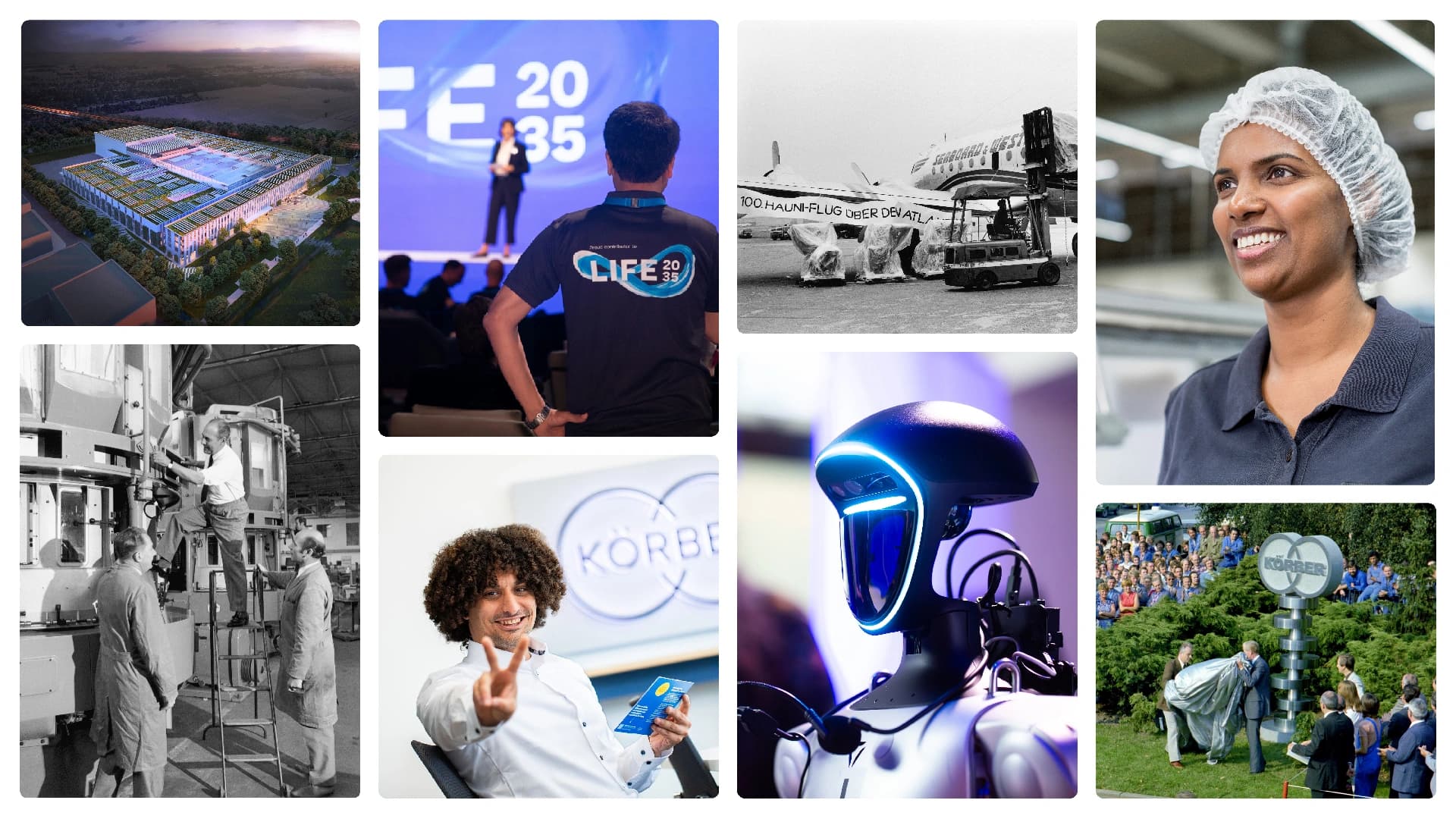 Collage of Körber photos of employees and technologies.