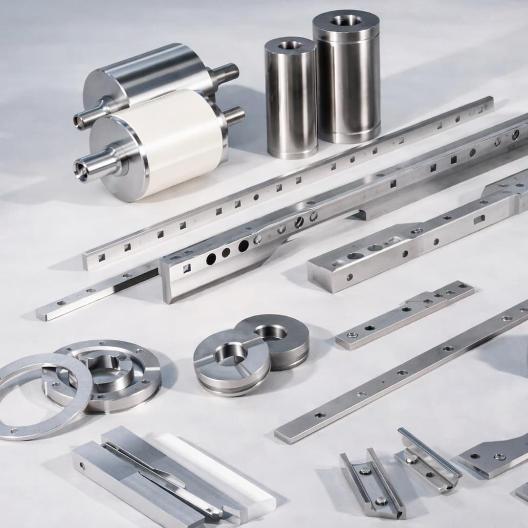 Eine Sammlung verschiedener Metallteile und Werkzeuge, die auf einer weißen Oberfläche angeordnet sind und ihre unterschiedlichen Formen und Größen zeigen.