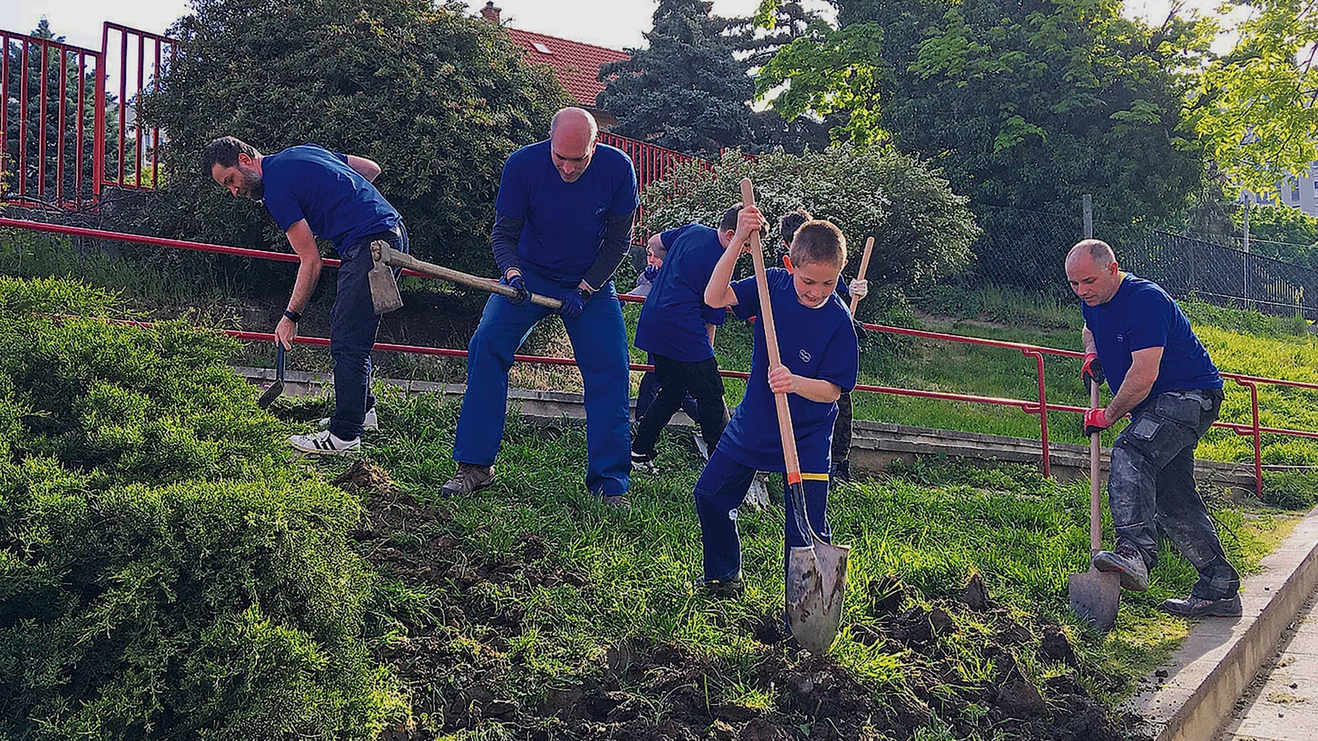 Körber's employees and families planting trees.