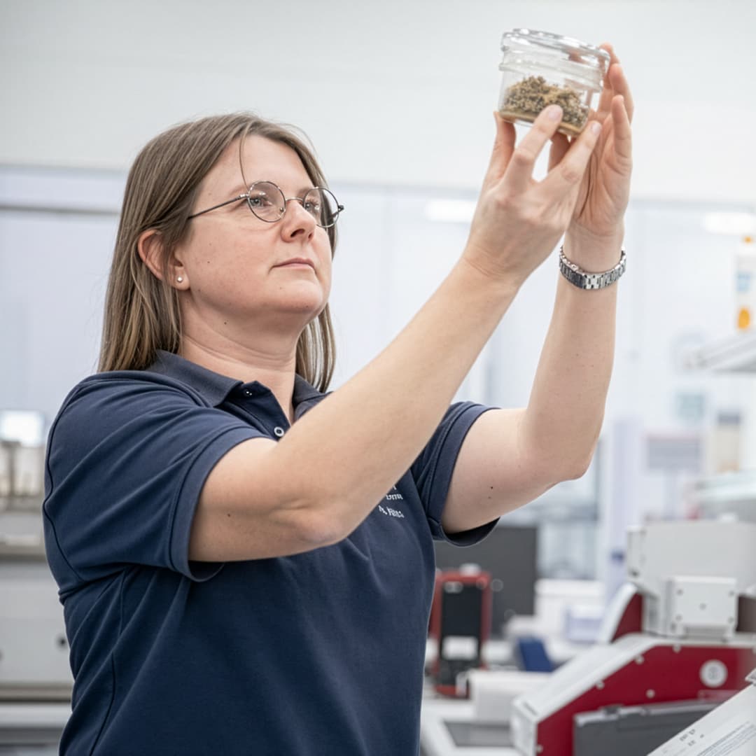 A woman in a lab setting holds a jar aloft, showcasing her work amidst various laboratory tools and materials.
