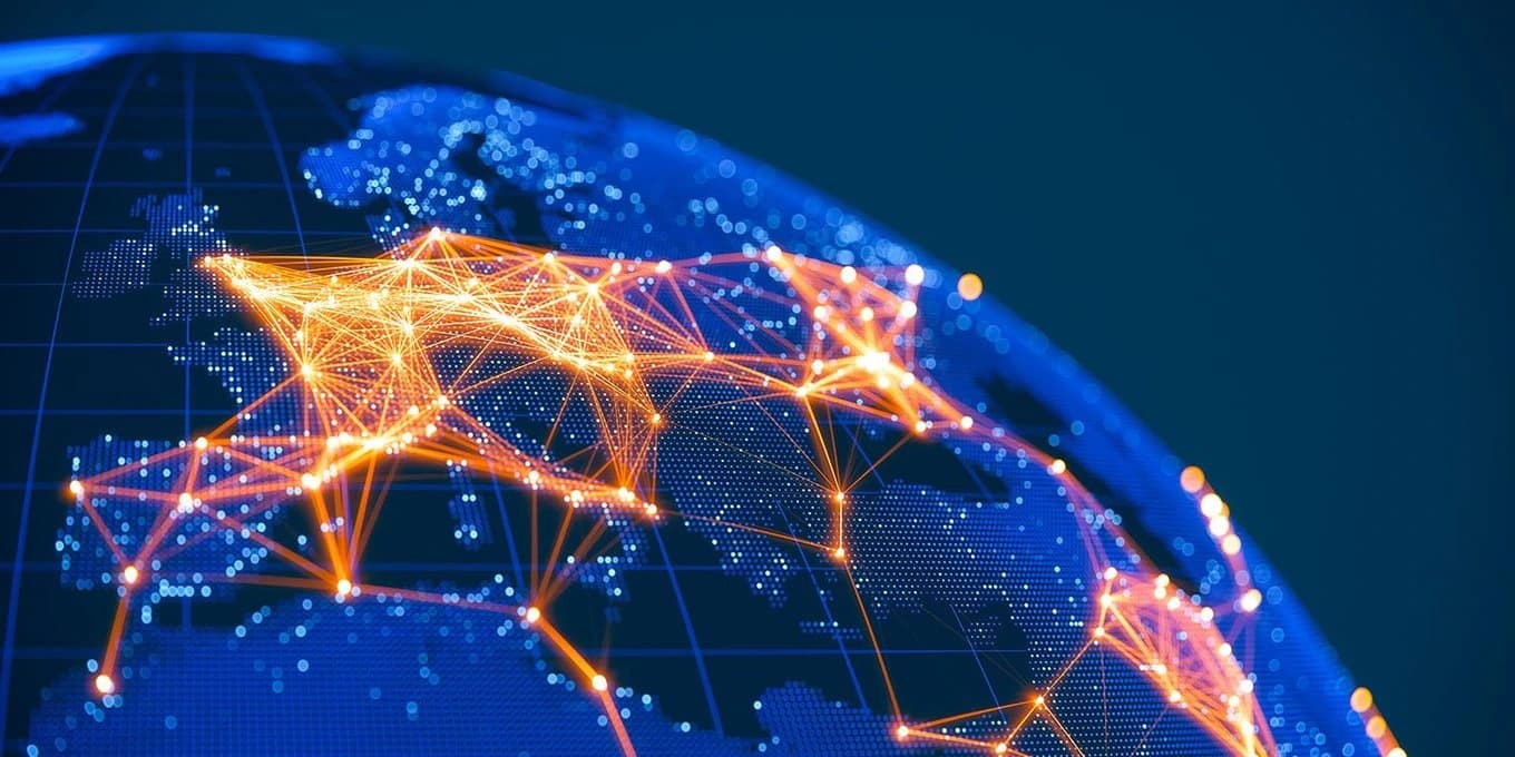 Ein Netzwerk aus Linien und Punkten veranschaulicht die weltweite Vernetzung durch Digitalisierung und Logistik.
