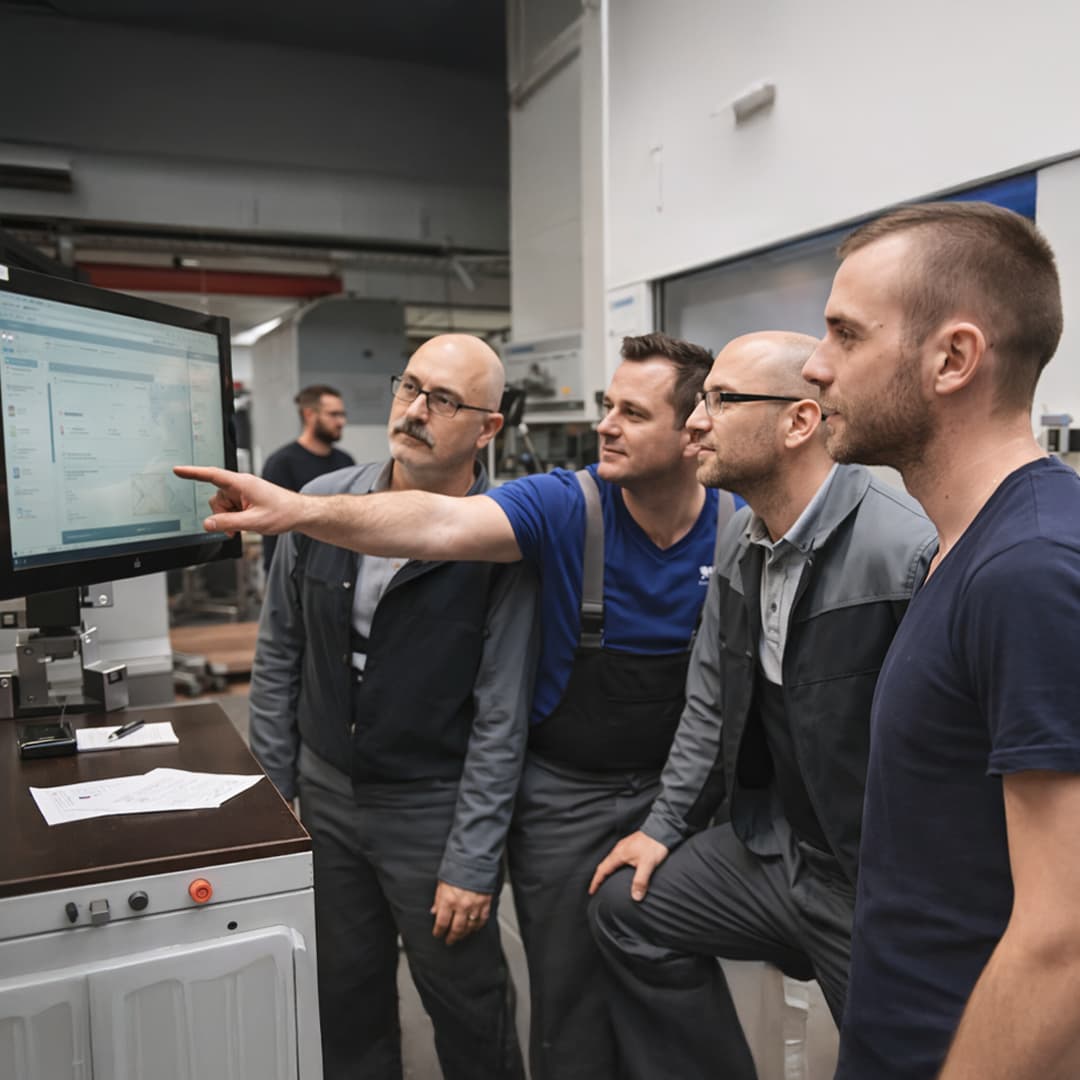 A group of Hauni employees focused on a computer screen displaying Appvantage software.