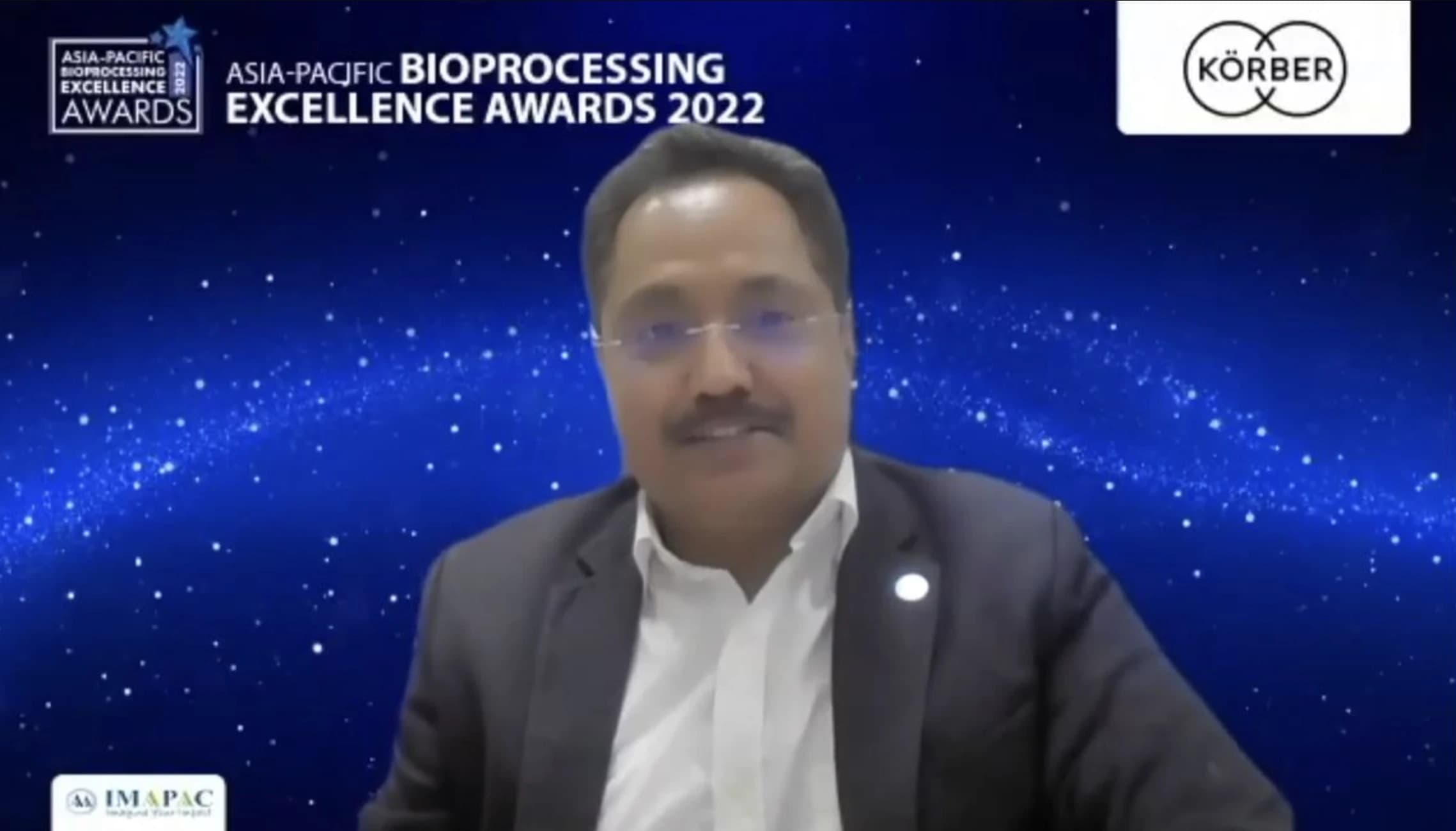 Screenshot of Rajesh Vedak, President Software India at Körber Business Area Pharma, at the Asia-Pacific Bioprocessing Excellence Awards 2022.