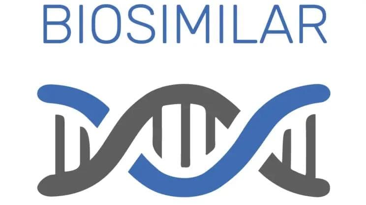Eine grafische Darstellung des genetischen Codes mit dem Wort „Biosimilar“ obenauf.
