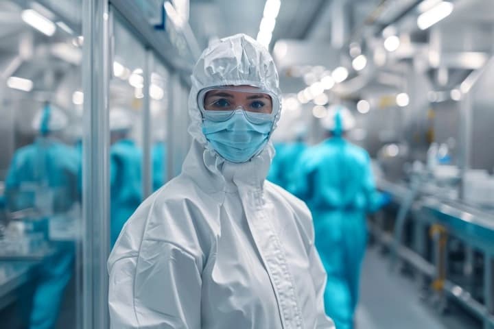 Frau mit Laborausrüstung schaut in die Kamera.