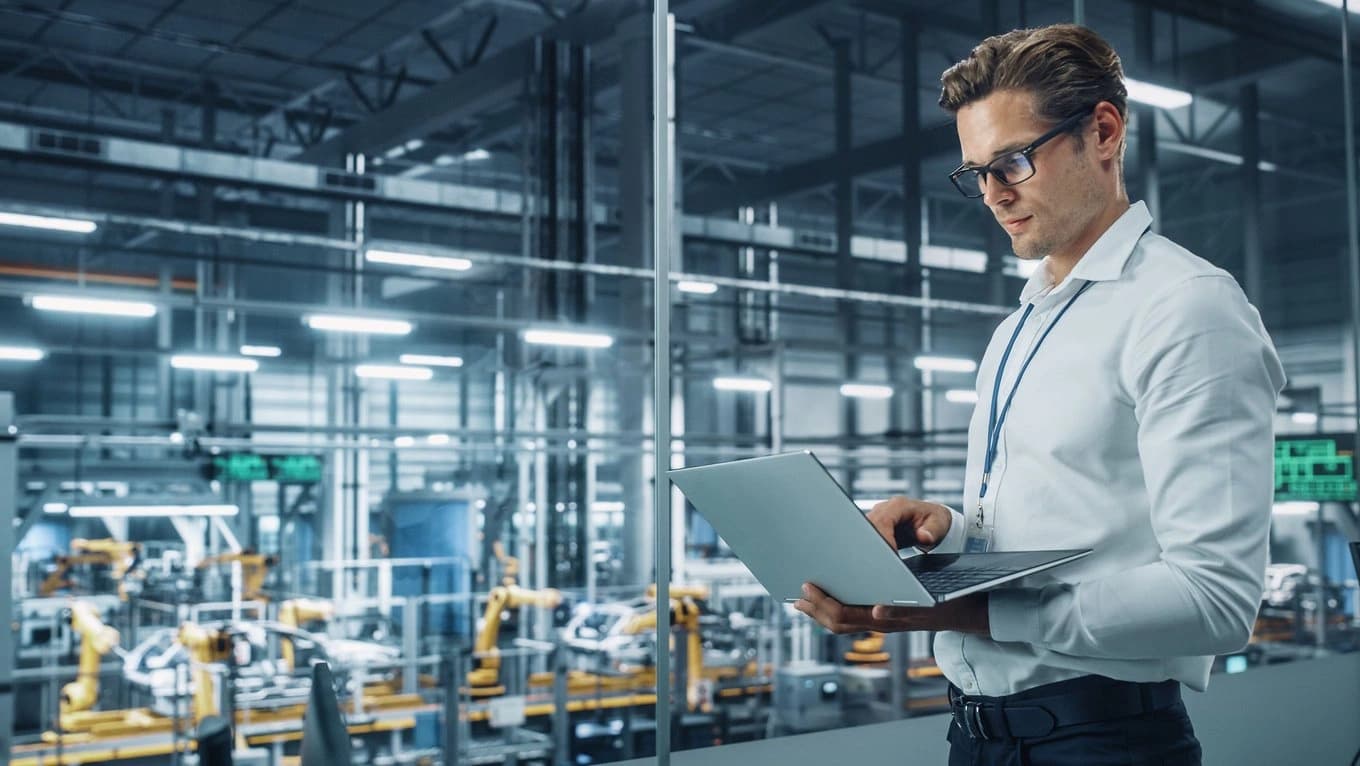 In an industrial setting, a man with glasses is holding a laptop, showcasing a blend of technology and industry.