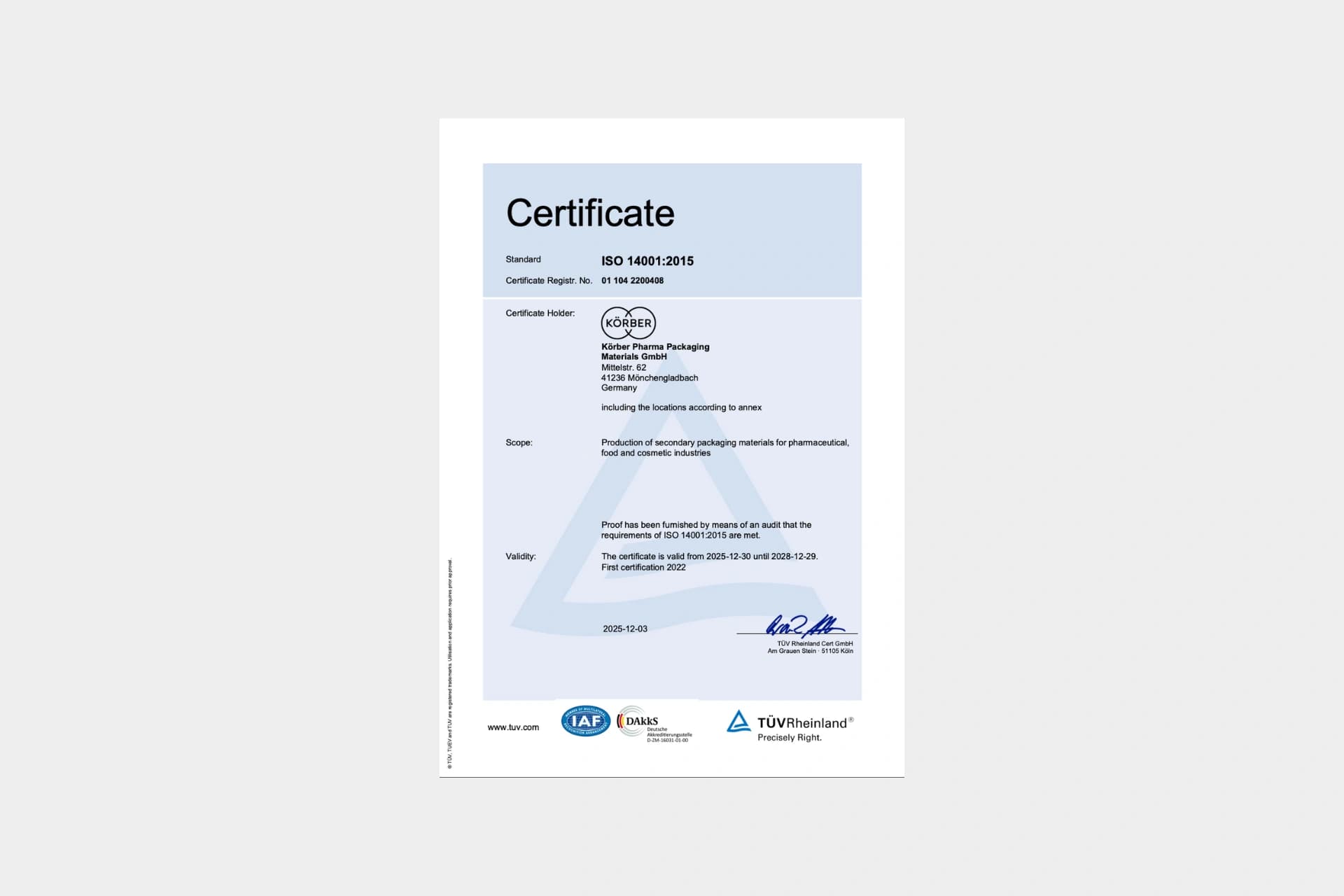 ISO 14001:2015-Zertifikat