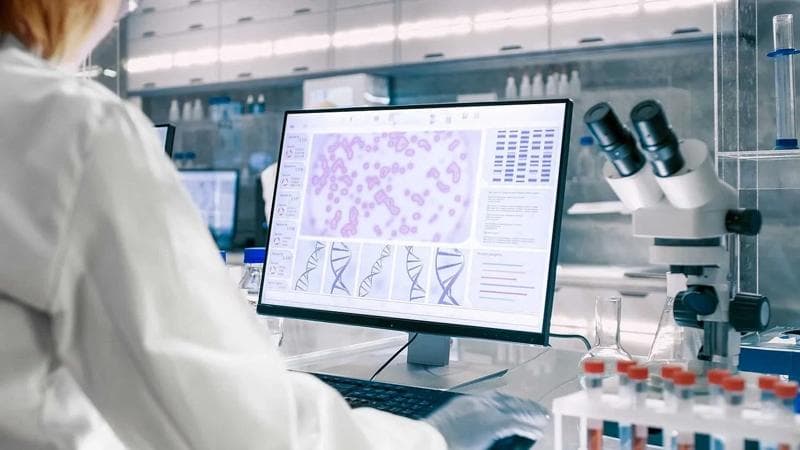 Lab worker looking a computer with genetic code on the screen.