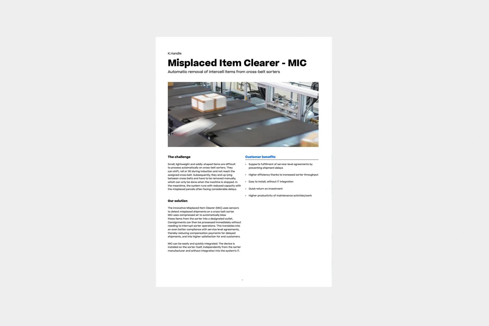 Cover of the datasheet "Misplaced Item Clearer - MIC".