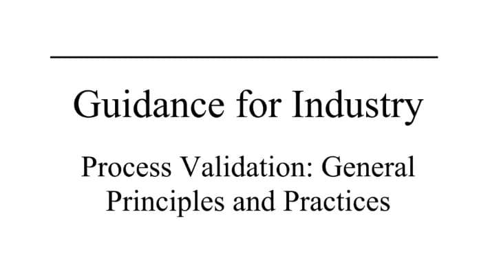 Image with the following sentence: "Guidance for industry. Process validation:general principles and practices.