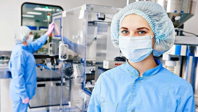 Woman wearing blue medical protective gear in a laboratory setting.