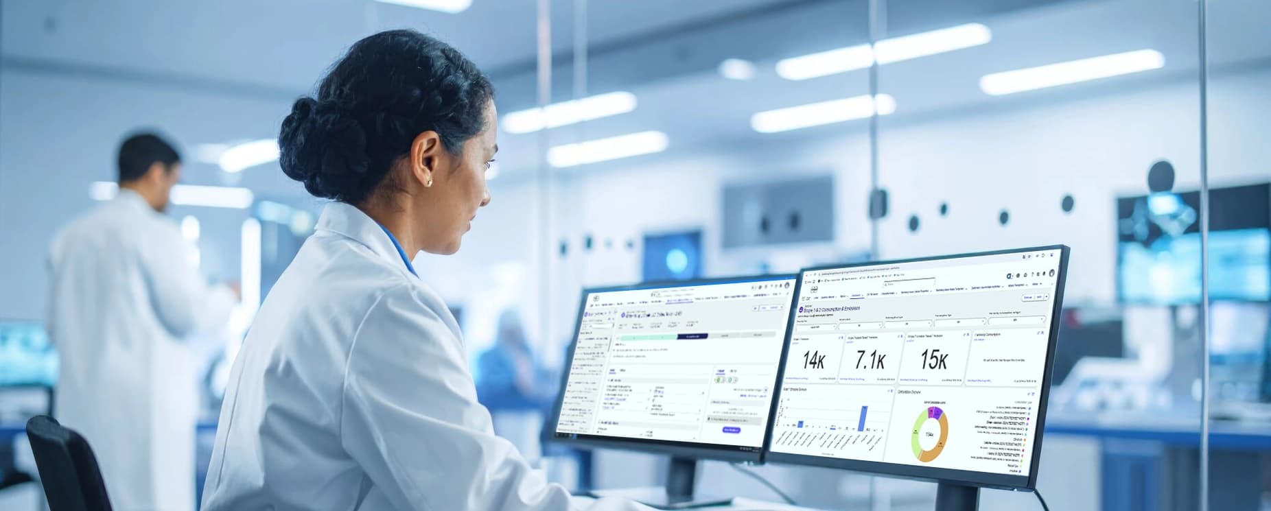 a woman browsing on a computer in a lab environment