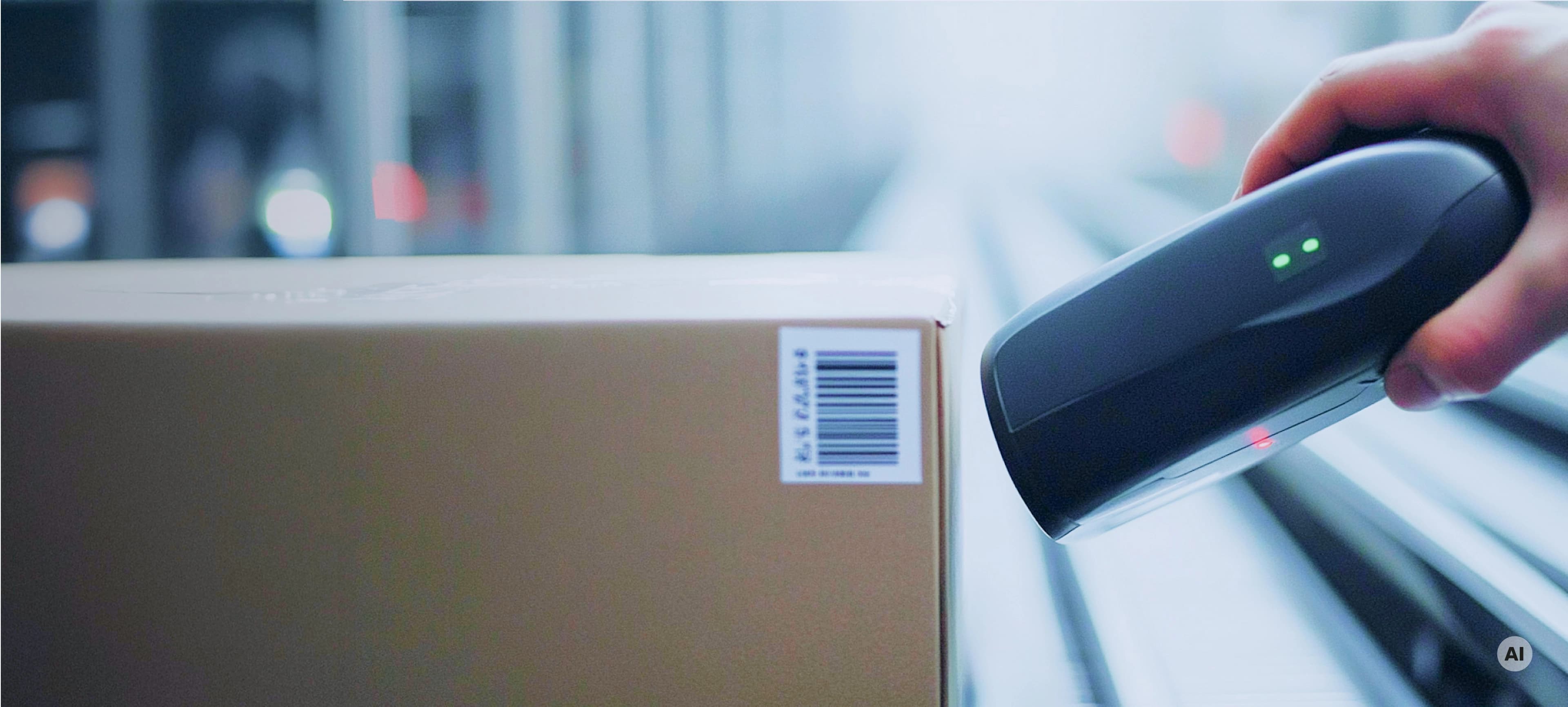Nahaufnahme einer Hand, die einen Strichcode auf einem Paket scannt
