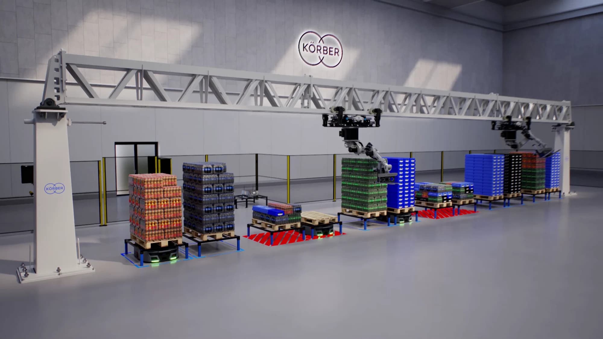 Körber MixPal zur gemischten Palettierung mit Portalsystem, AMR und Paletten im Lager.