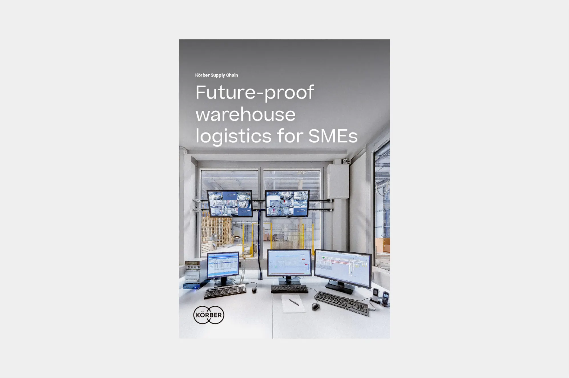 Cover of Körber's brochure "Future-proof warehouse logistics for SMEs" over a light gray background.