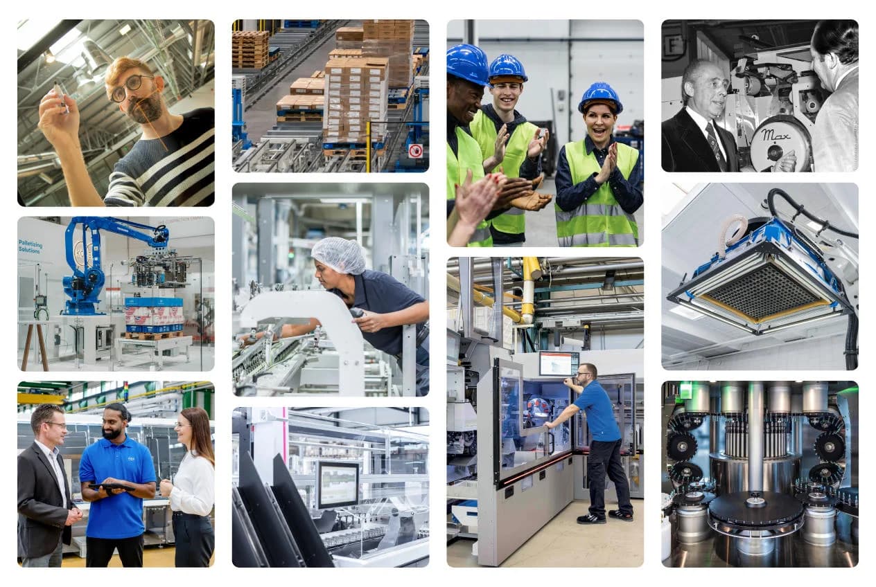 Collage of Körber images with people, machines and solutions.