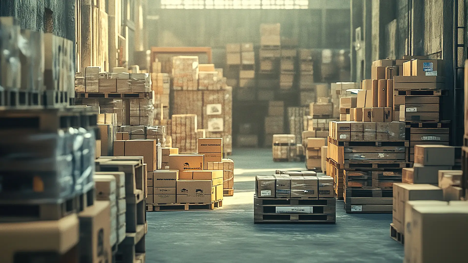 Photo of a warehouse with pallets.