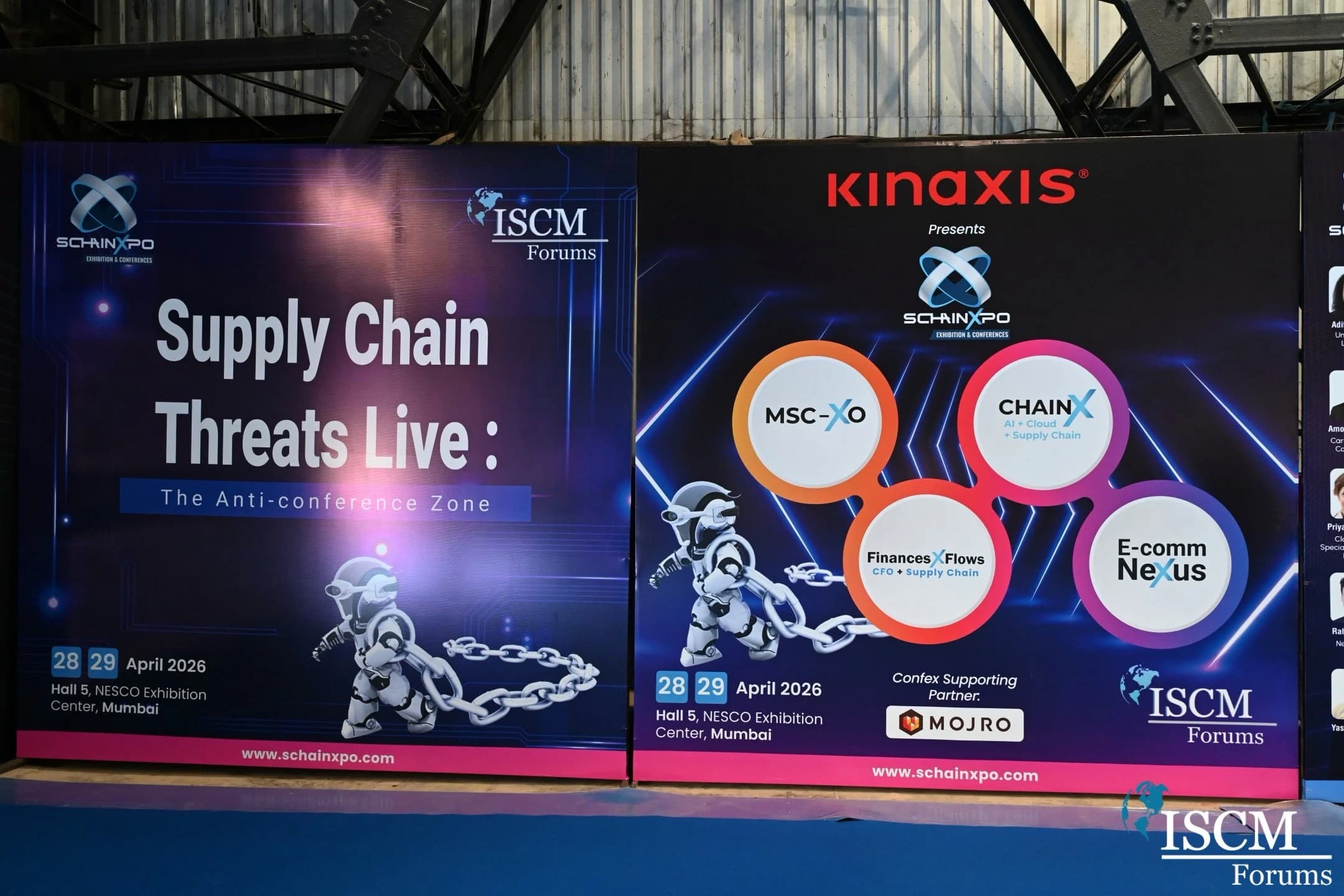 Event signage for ChainX and ISCM Forums at the 2026 supply chain conference in Mumbai.