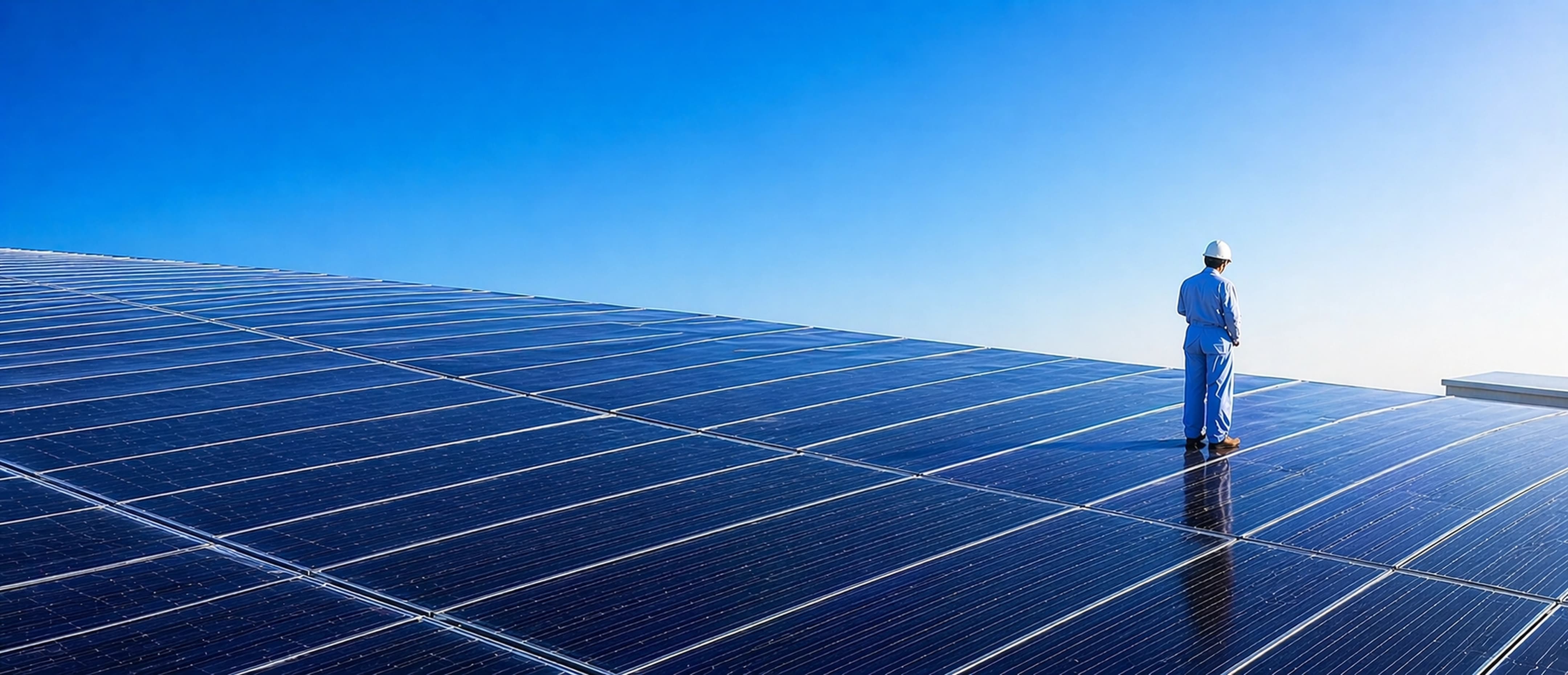 Man standing in a solar panel field