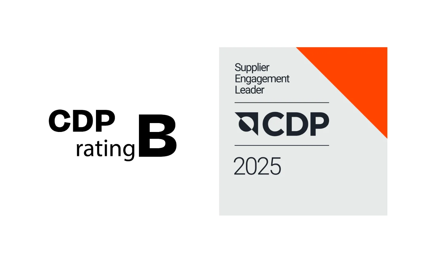 Körber's 2025 CDP rating B score badge.