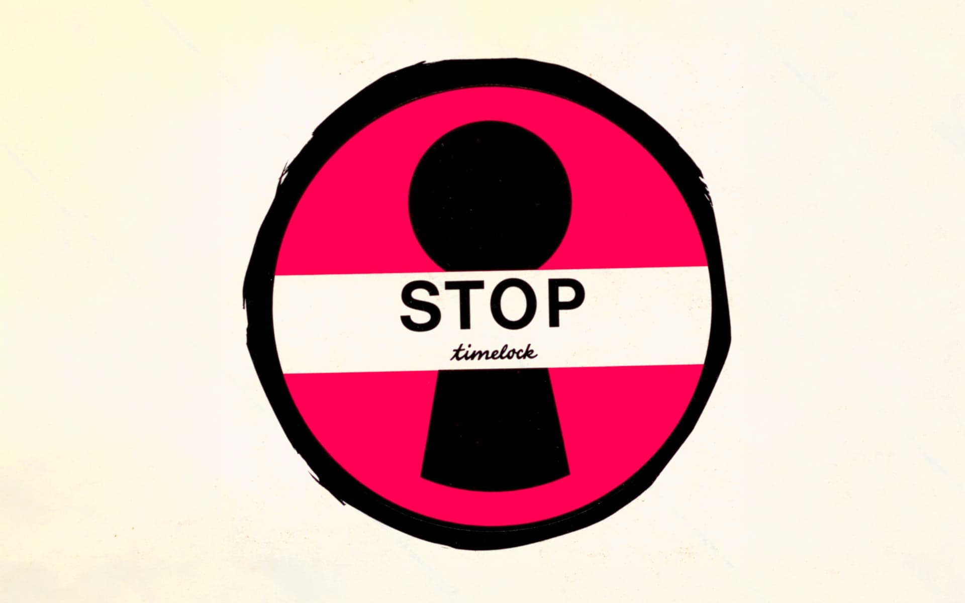 Bild eines Aufklebers mit der Aufschrift "Stop Timelock", der verdeutlichen soll, dass der Kassierer das Zeitschloss der Timelock-Technologie nicht umgehen kann.