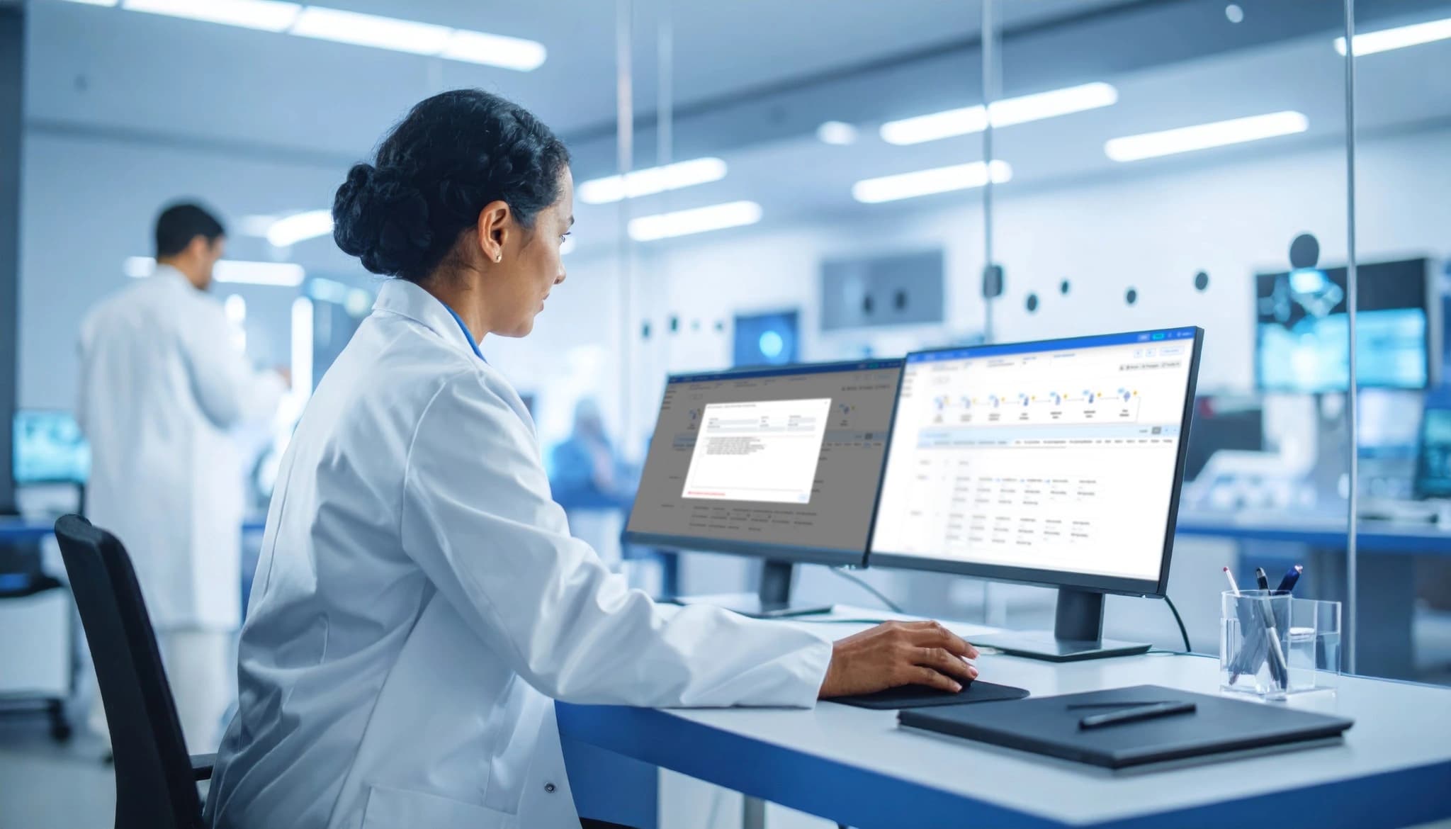 Woman in white lab coat working on laptop computer in laboratory setting.