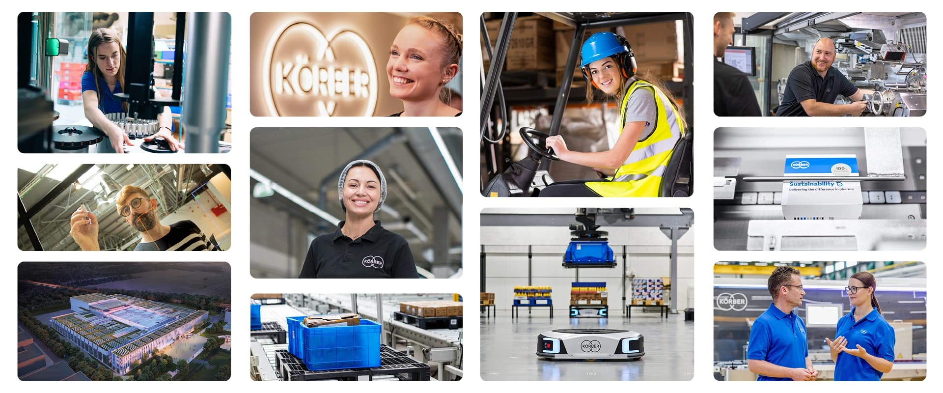 A collage depicting various Körber employees engaged in different tasks within a factory setting.