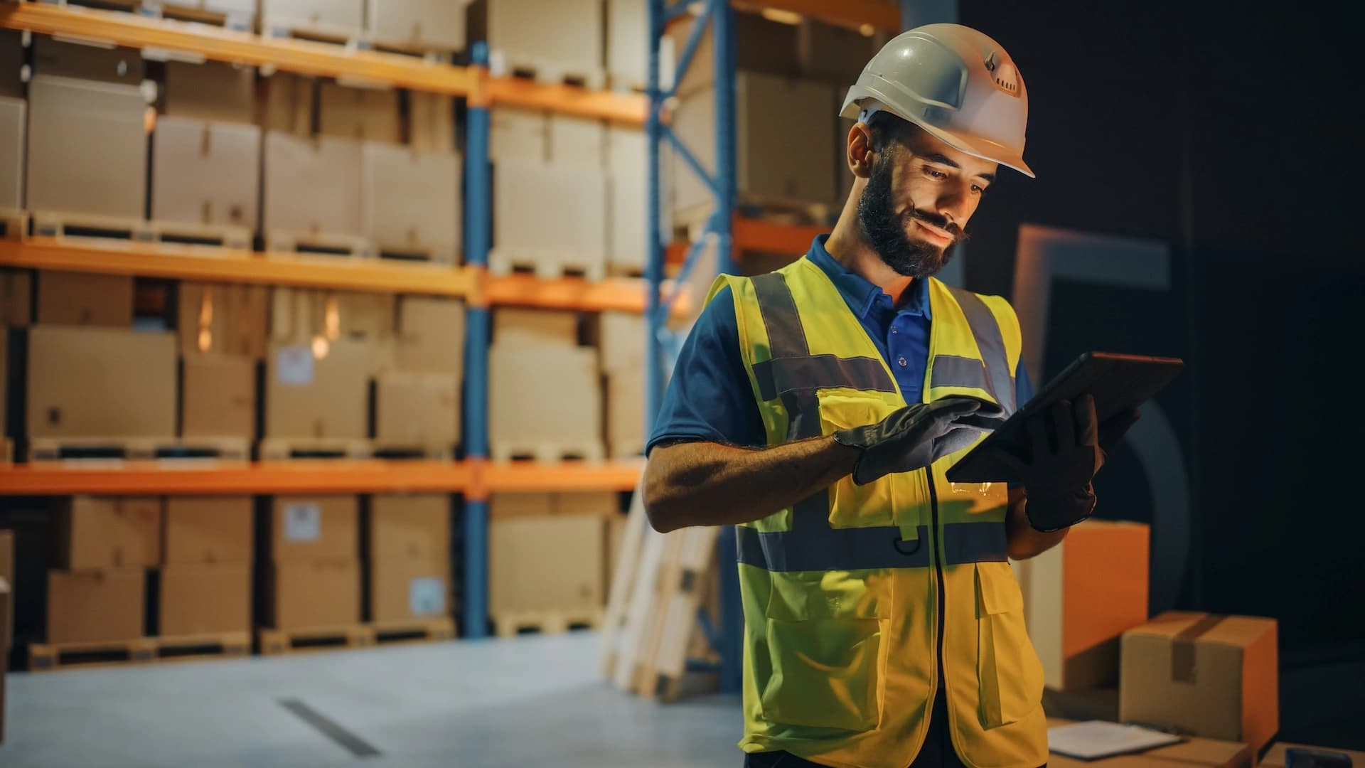 a Körber worker wearing safety gear focused on a tablet on a warehouse environment