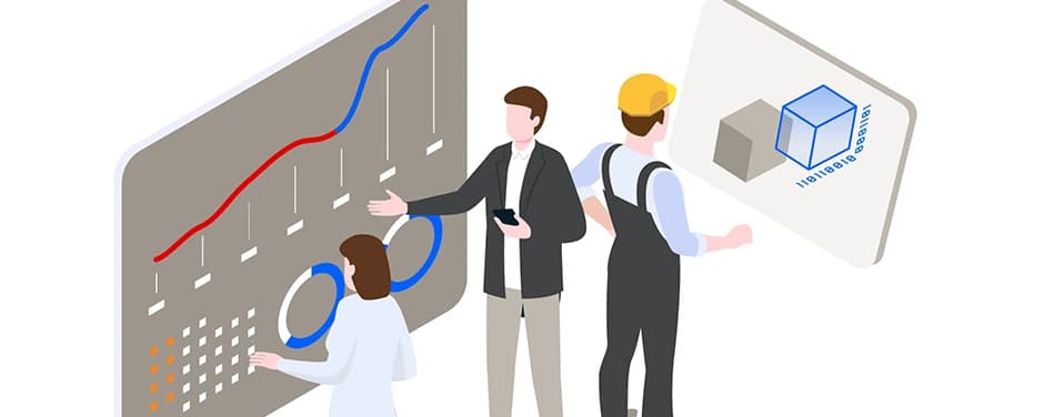Illustration of a group of workers gathered around analyzing a chart together in a collaborative setting.