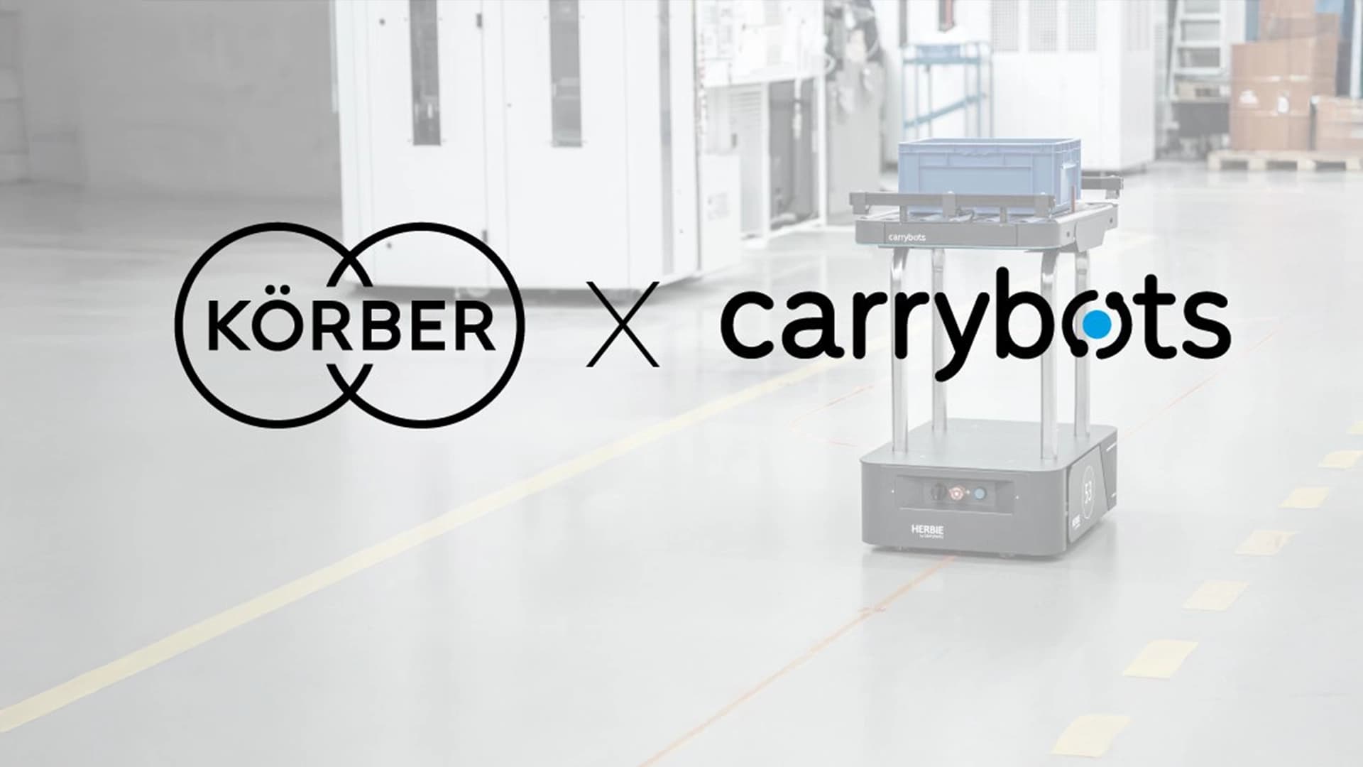 Körber and Carrybots logos displayed over a warehouse background featuring a mobile robot.
