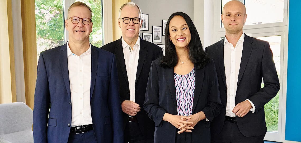 Die Geschäftsführung des Körber-Geschäftsfelds Technologies: Andreas Panz, Dr. Jürgen Heller, Arungalai Anbarasu (Vorsitzende), Dr. Stefan Hofmann (v l. n. r.)