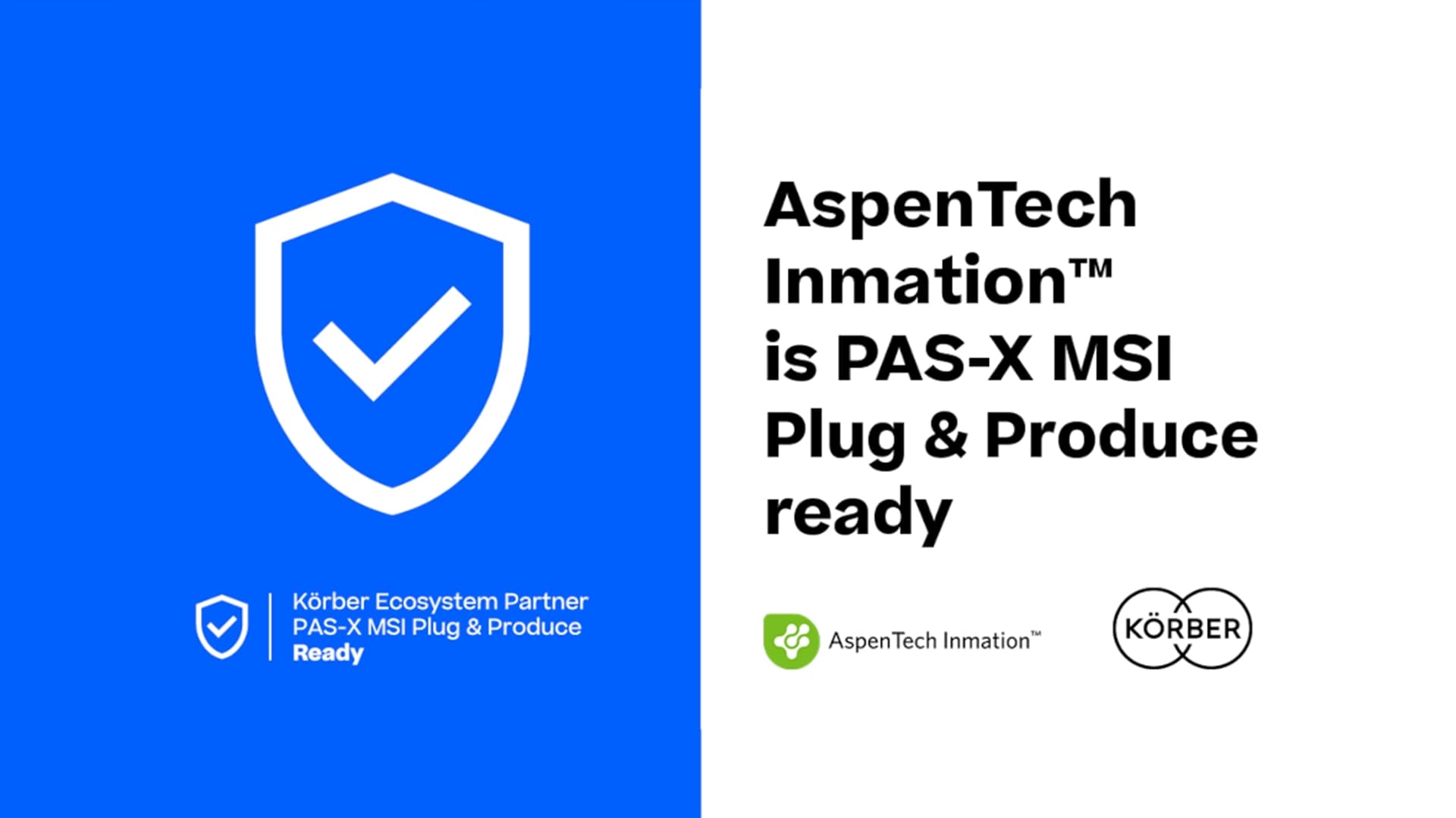 Graphic showing AspenTech Inmation as PAS-X MSI Plug & Produce ready, certified as a Körber Ecosystem Partner.