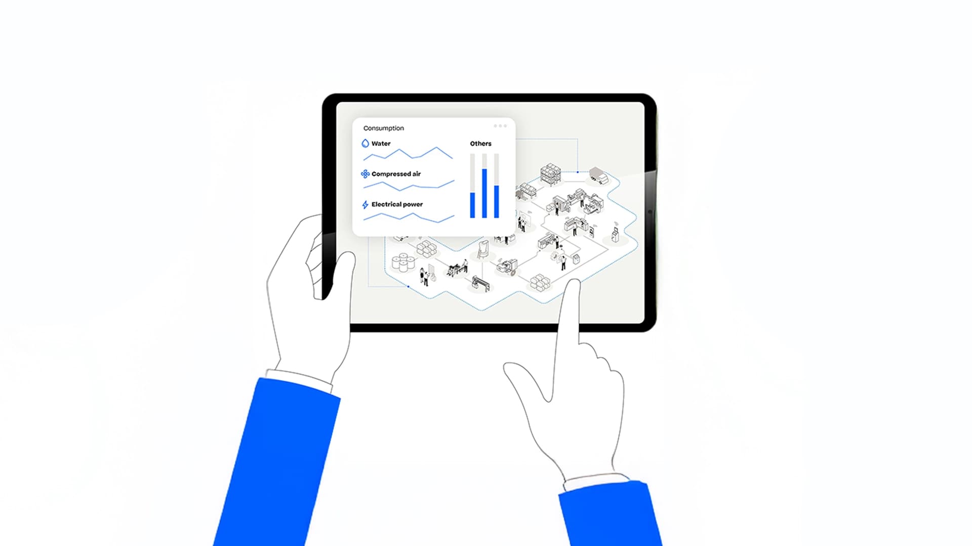 Grafische Darstellung von Händen, die eine Grafik mit einigen technischen Lösungen halten.