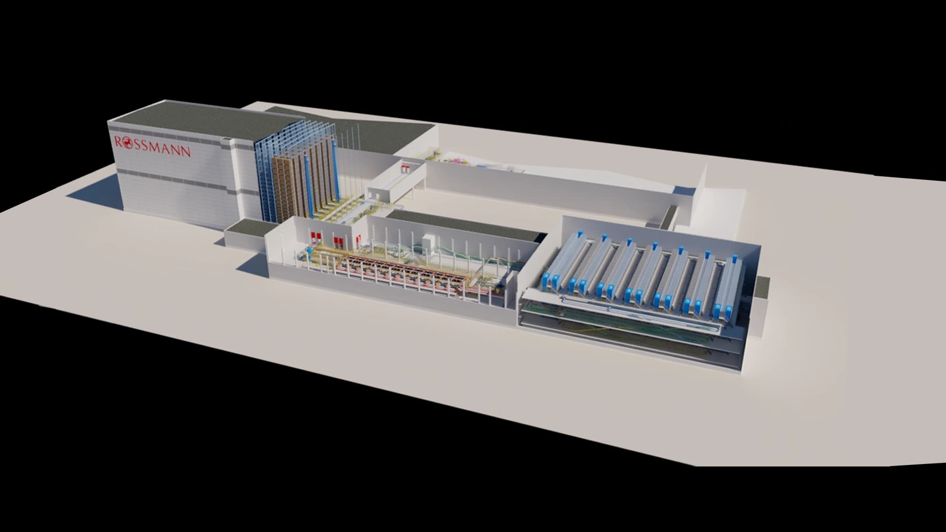 3D illustration of ROSSMANN's multi-tech automated warehouse